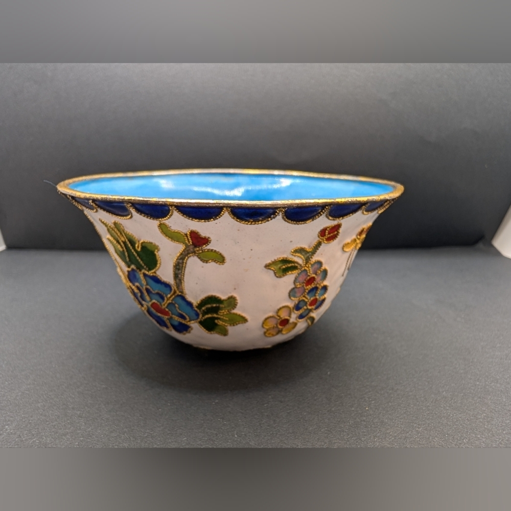 Vintage Floral Cloisonne Bowl with Blue and Gold Accents
